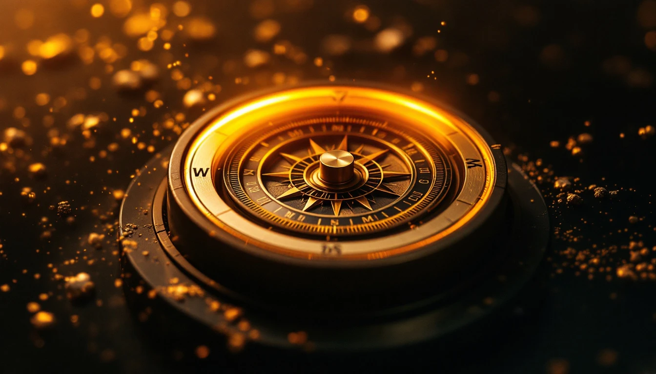 A precision machined compass dial catching warm amber light in dark space — controlled rotation resolving into an exact direction